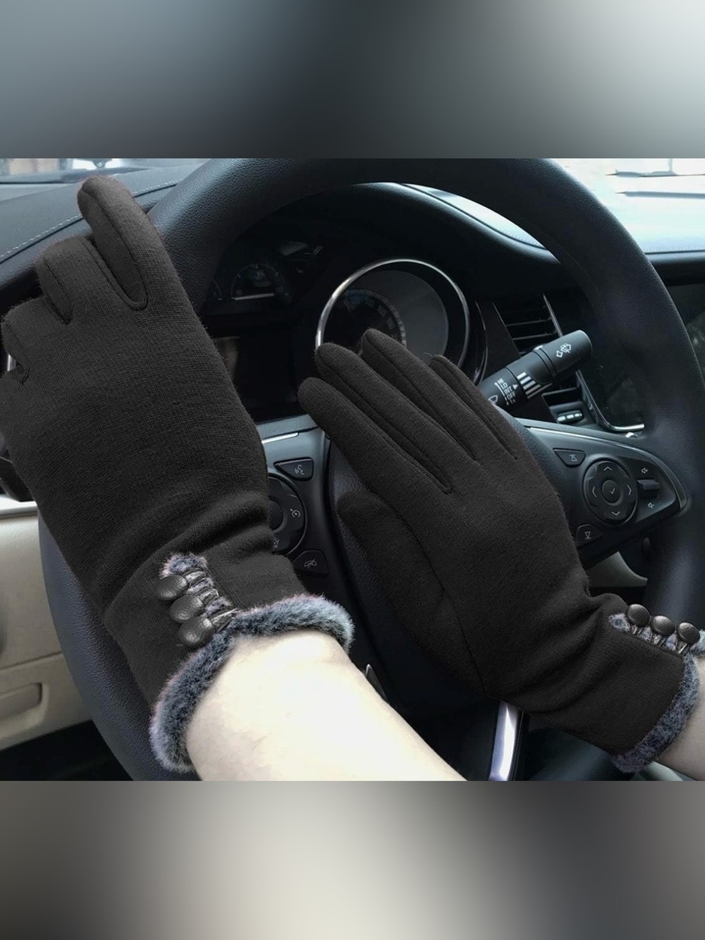 $10 Add-on | Black Women's Faux-Fur Trim Gloves with Button Detail